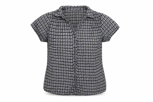 Front view of Petite women’s black geometric polyester basic button-up, size UK 10, collared
