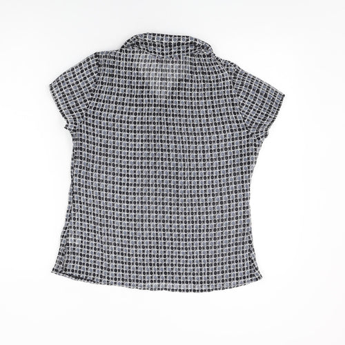 Petite Womens Black Geometric Polyester Basic Button-Up Size 10 Collared