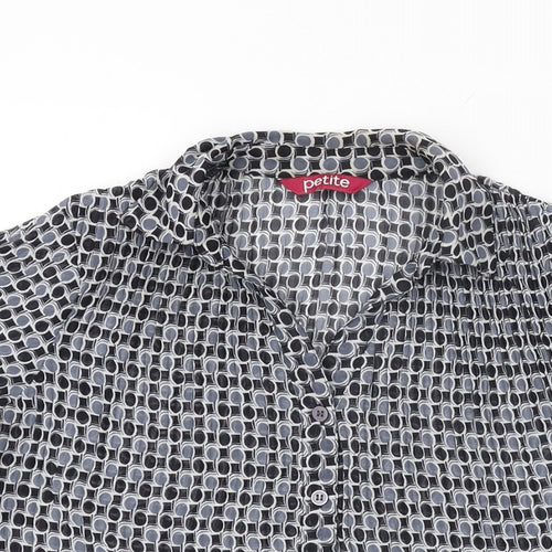Petite Womens Black Geometric Polyester Basic Button-Up Size 10 Collared