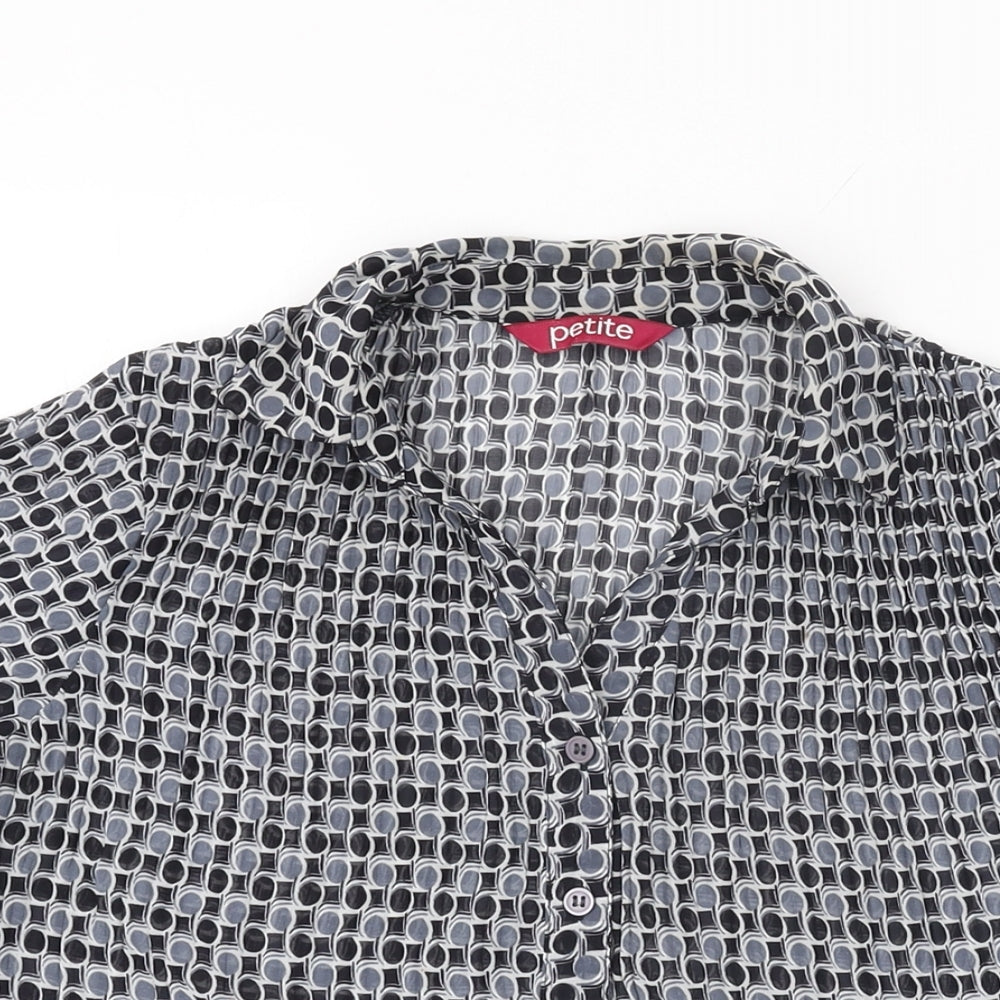 Petite Womens Black Geometric Polyester Basic Button-Up Size 10 Collared