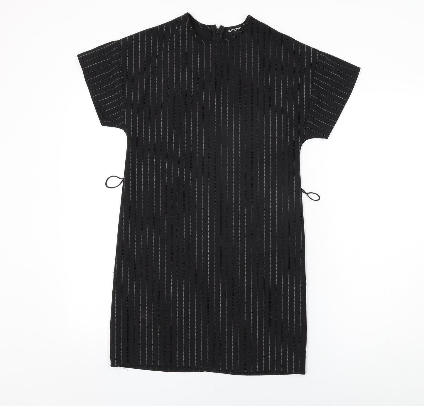 PRETTYLITTLETHING Womens Black Striped Polyester Shift Size 6 Round Neck Zip