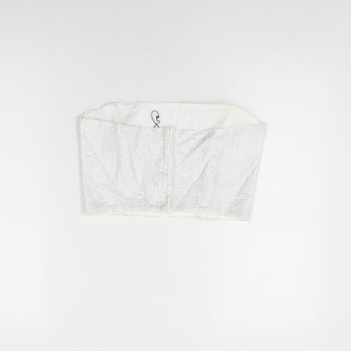 Zara Womens White Geometric Polyester Basic T-Shirt Size M Off the Shoulder
