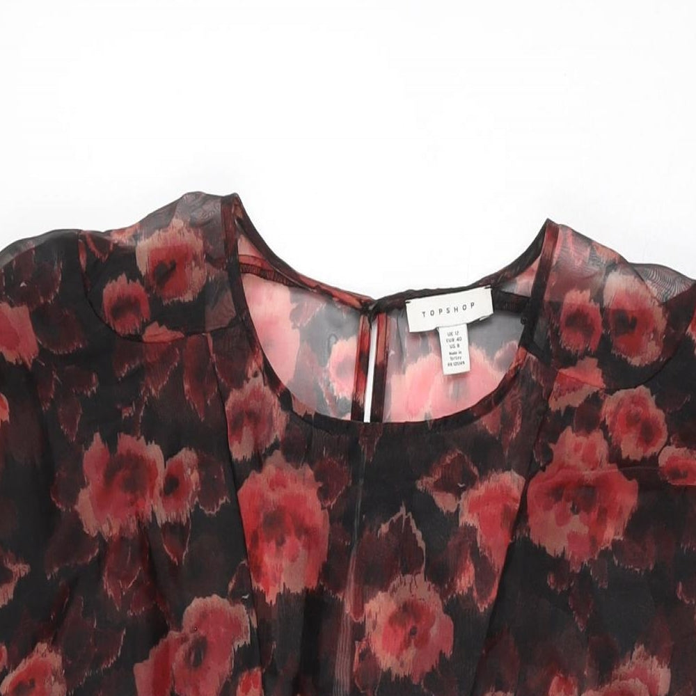 Topshop Womens Black Floral Polyester A-Line Size 12 Round Neck Zip