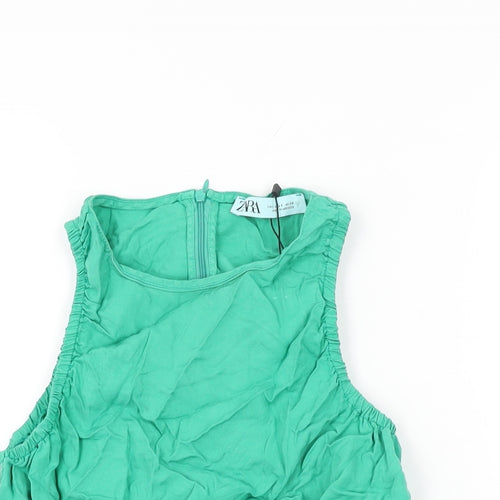 Zara Womens Green Lyocell Cropped T-Shirt Size S Round Neck