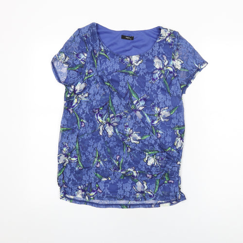 M&Co Womens Blue Floral Nylon Basic T-Shirt Size 10 Round Neck