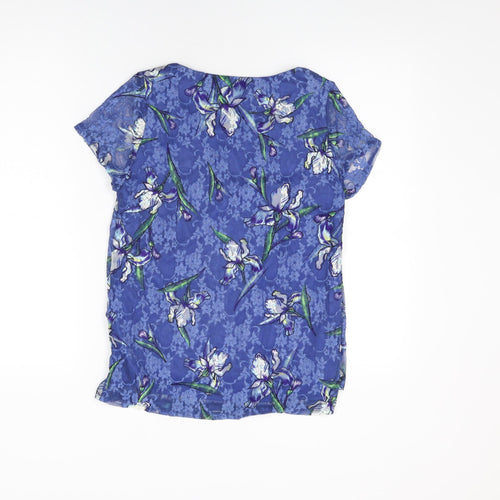 M&Co Womens Blue Floral Nylon Basic T-Shirt Size 10 Round Neck