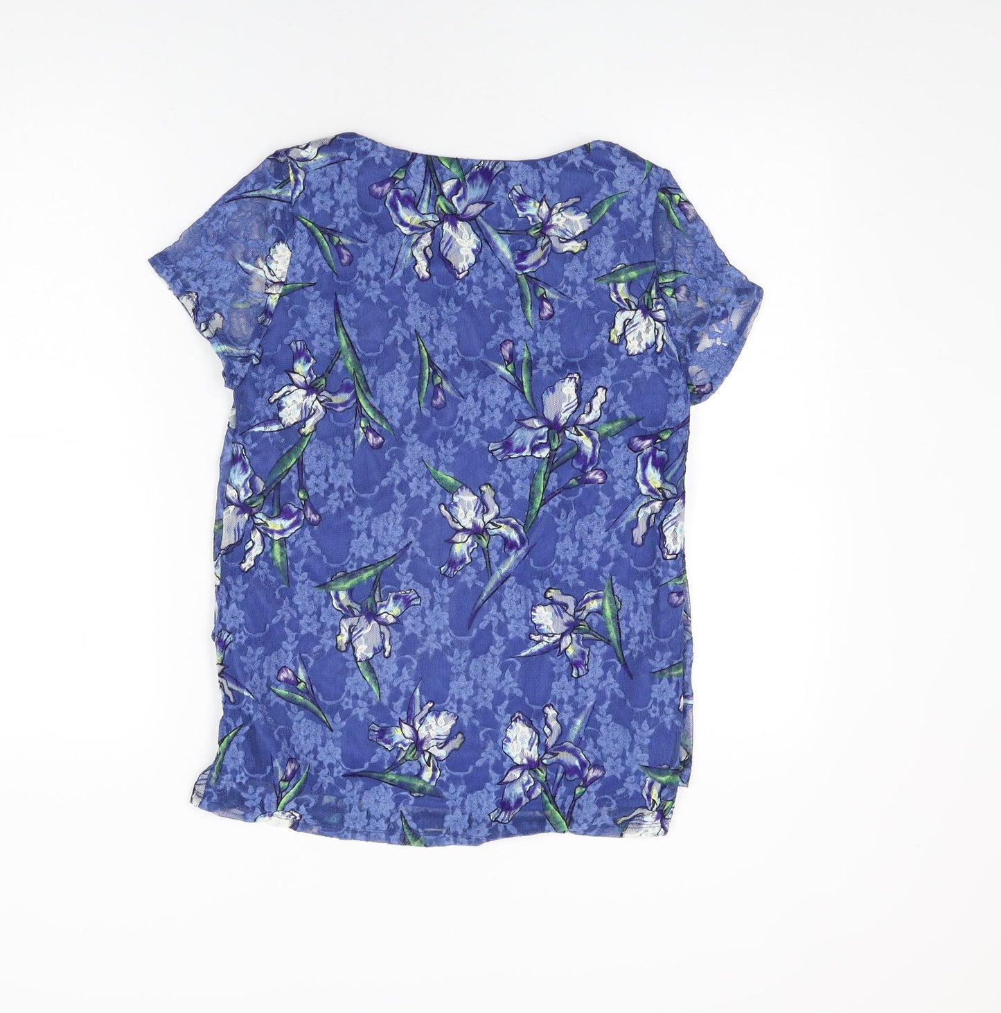 M&Co Womens Blue Floral Nylon Basic T-Shirt Size 10 Round Neck