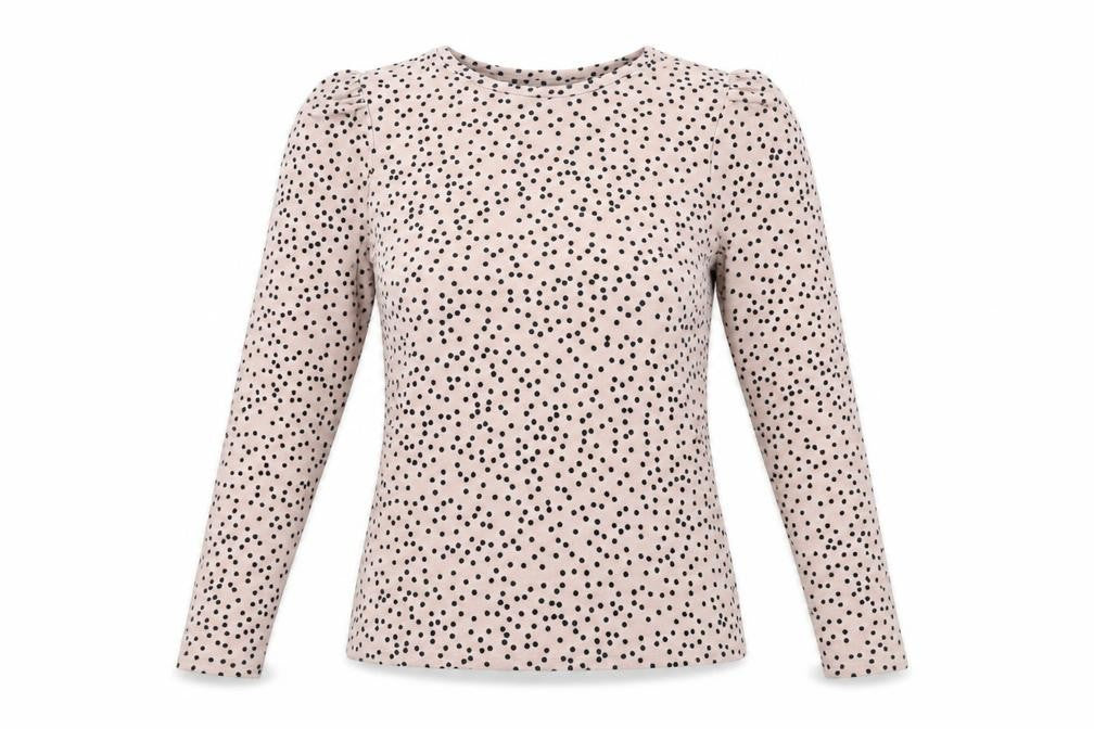 Front view of Warehouse women’s pink polka dot polyester basic t-shirt, size UK 10, round neck