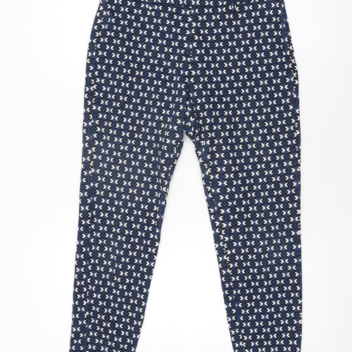 H&M Womens Blue Geometric Cotton Trousers Size 12 L26.5 in Regular Zip