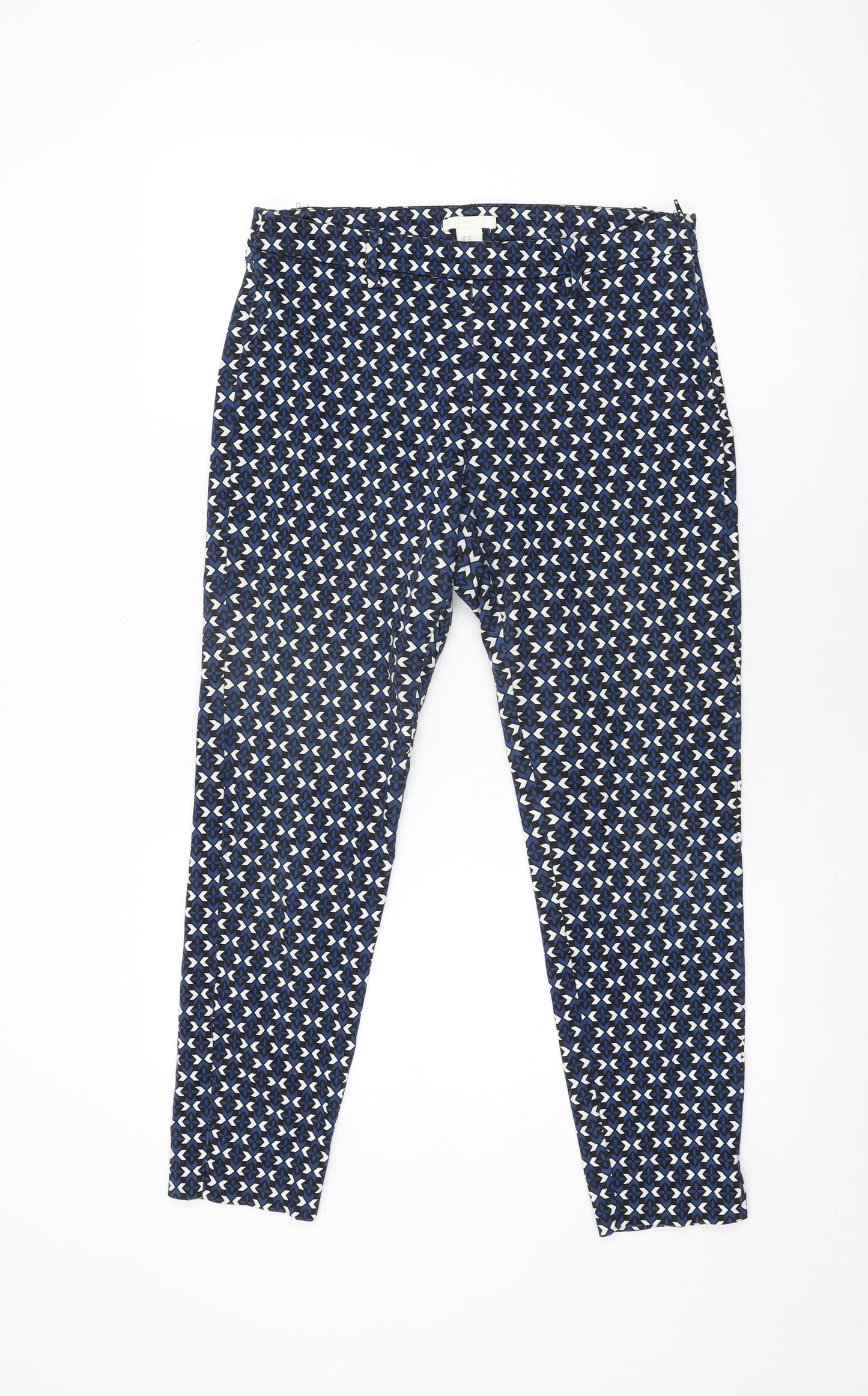 H&M Womens Blue Geometric Cotton Trousers Size 12 L26.5 in Regular Zip