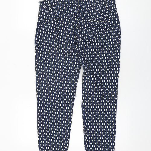 H&M Womens Blue Geometric Cotton Trousers Size 12 L26.5 in Regular Zip