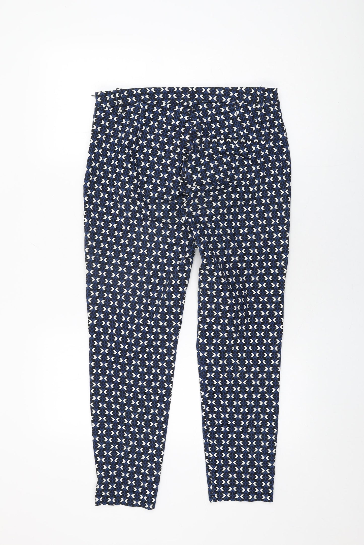 H&M Womens Blue Geometric Cotton Trousers Size 12 L26.5 in Regular Zip