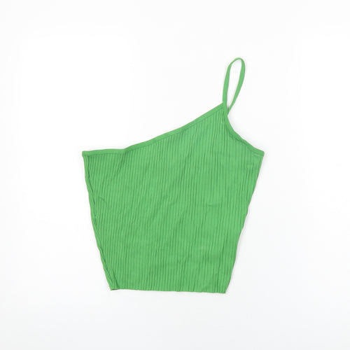 Zara Womens Green Cotton Cropped T-Shirt Size M One Shoulder