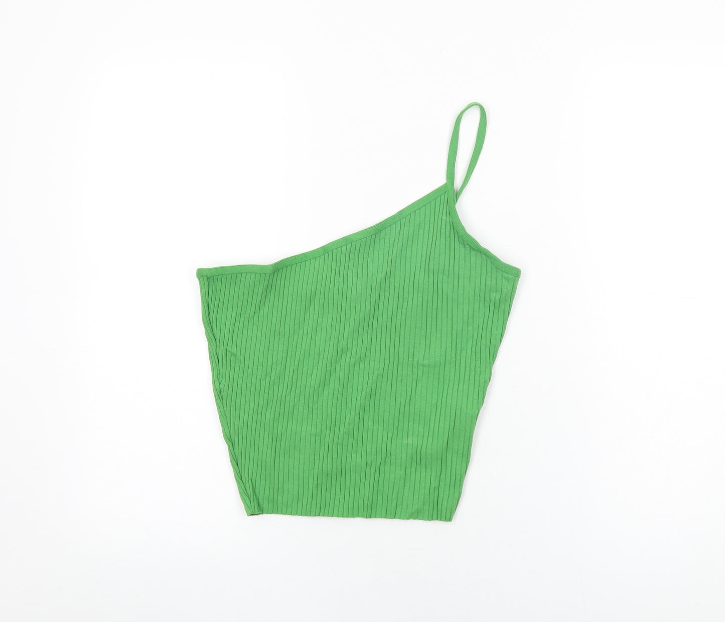 Zara Womens Green Cotton Cropped T-Shirt Size M One Shoulder