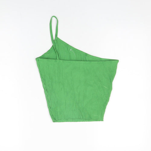 Zara Womens Green Cotton Cropped T-Shirt Size M One Shoulder