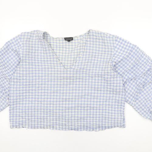 Topshop Womens Blue Geometric Cotton Basic T-Shirt Size 16 V-Neck - Gingham