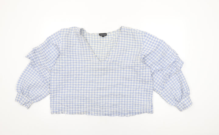 Topshop Womens Blue Geometric Cotton Basic T-Shirt Size 16 V-Neck - Gingham