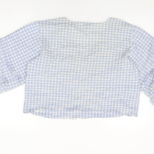 Topshop Womens Blue Geometric Cotton Basic T-Shirt Size 16 V-Neck - Gingham