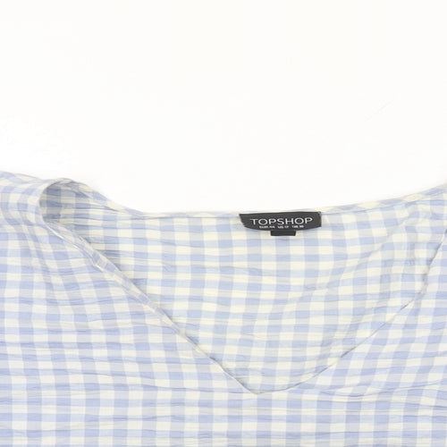 Topshop Womens Blue Geometric Cotton Basic T-Shirt Size 16 V-Neck - Gingham