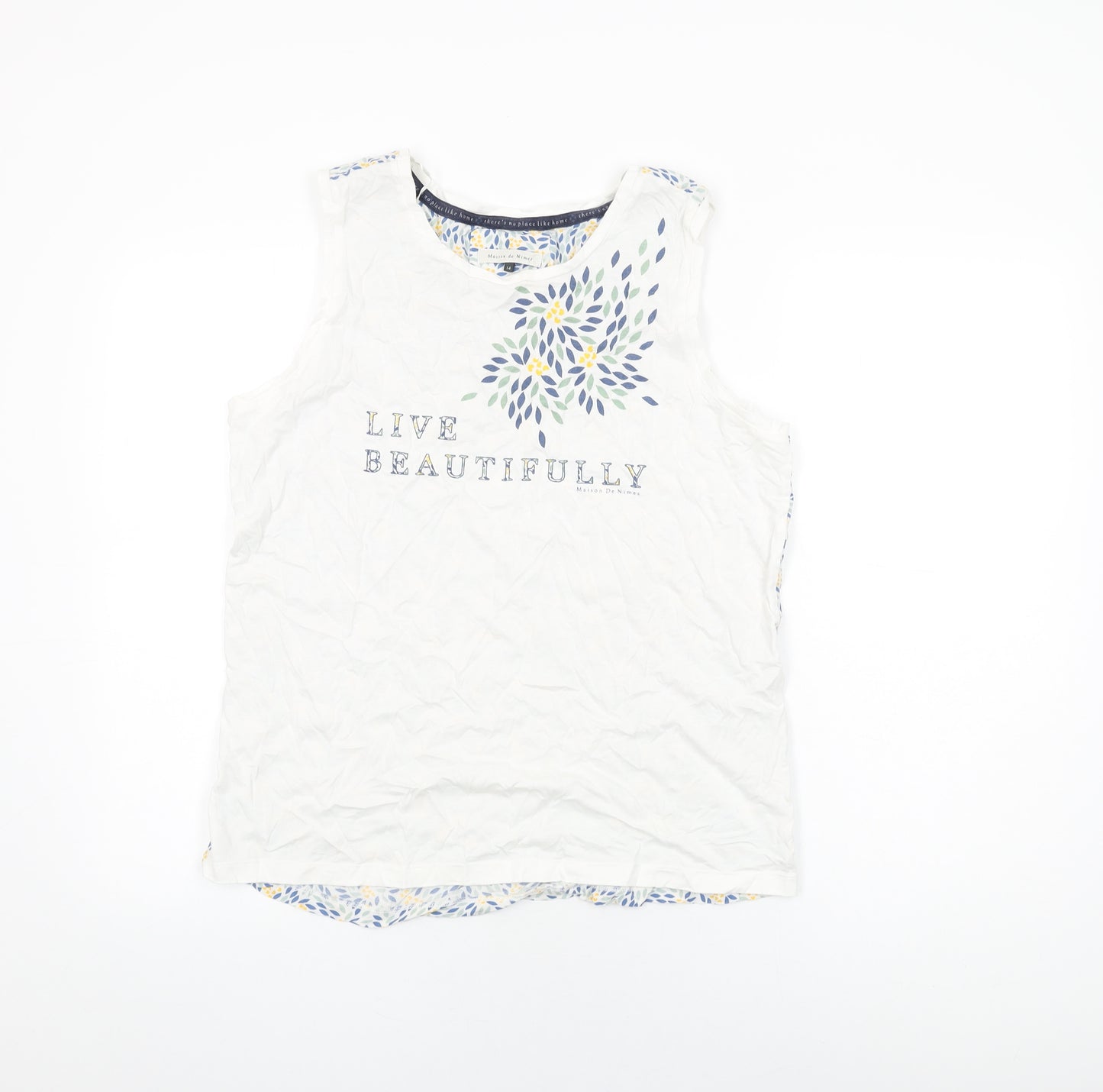Maison de Nimes Womens White Geometric Cotton Basic T-Shirt Size 14 Round Neck - Live Faithfully, Leaf Print