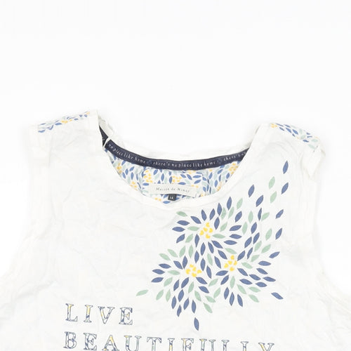 Maison de Nimes Womens White Geometric Cotton Basic T-Shirt Size 14 Round Neck - Live Faithfully, Leaf Print
