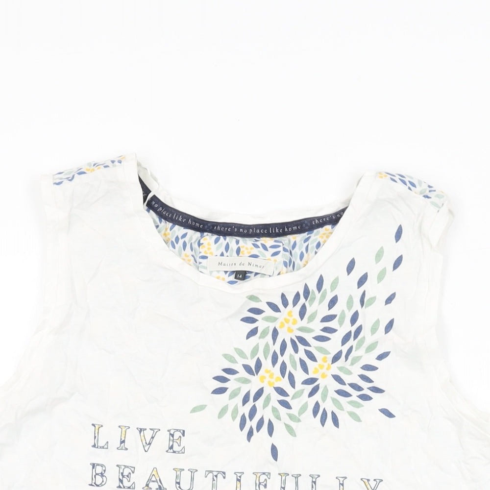 Maison de Nimes Womens White Geometric Cotton Basic T-Shirt Size 14 Round Neck - Live Faithfully, Leaf Print