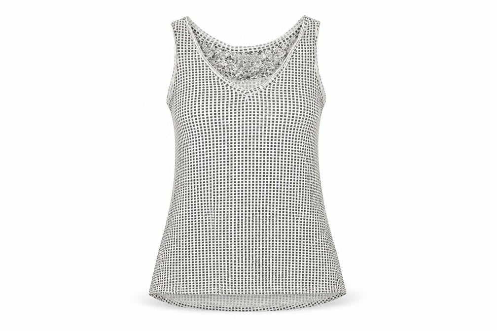 Front view of Myrine women’s white geometric viscose basic tank, size S, v-neck