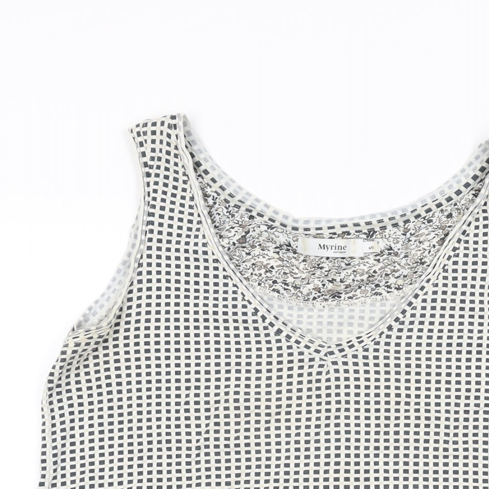 Myrine Womens White Geometric Viscose Basic Tank Size S V-Neck