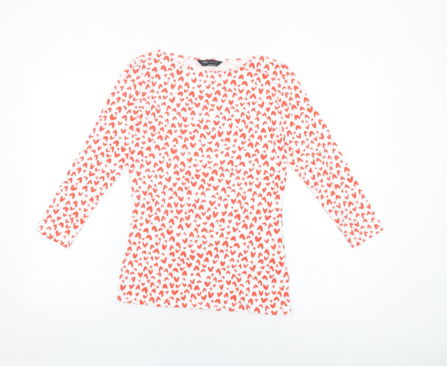 Marks and Spencer Womens White Geometric Cotton Basic T-Shirt Size 8 Boat Neck - Heart Print