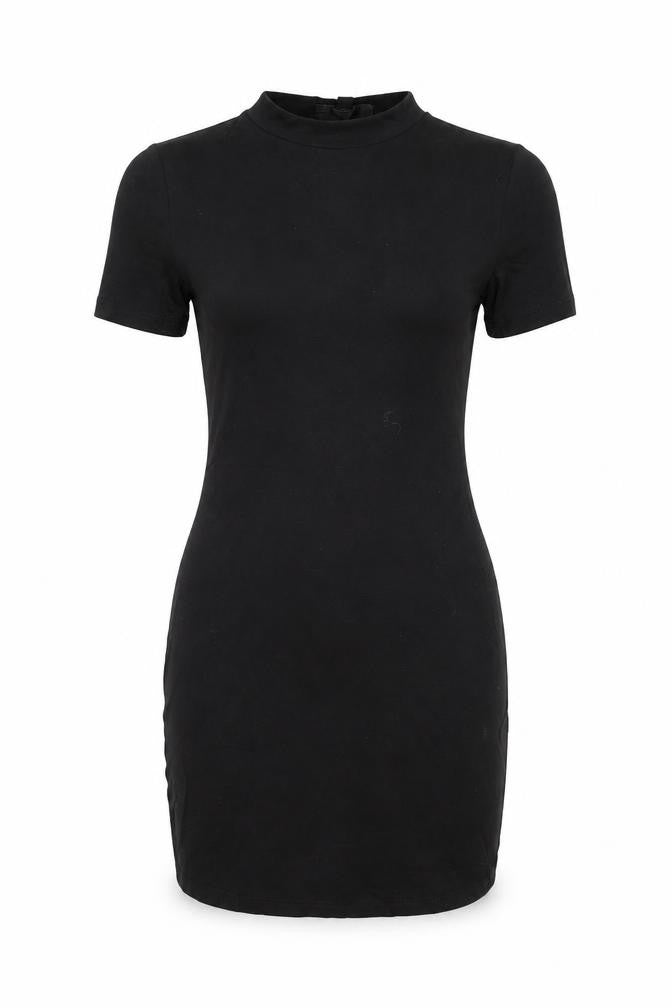 Front view of Missguided women’s black viscose bodycon, size UK 8, round neck pullover