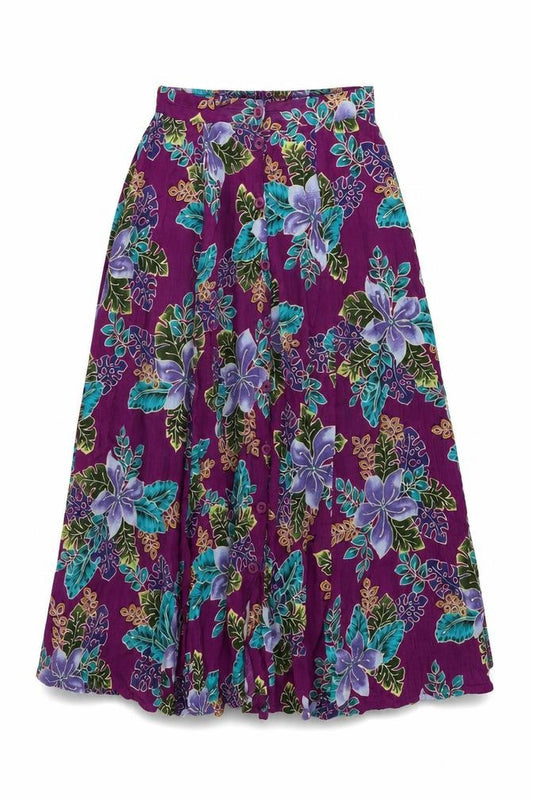 Front view of California Krush women’s purple floral rayon swing skirt, size M, button