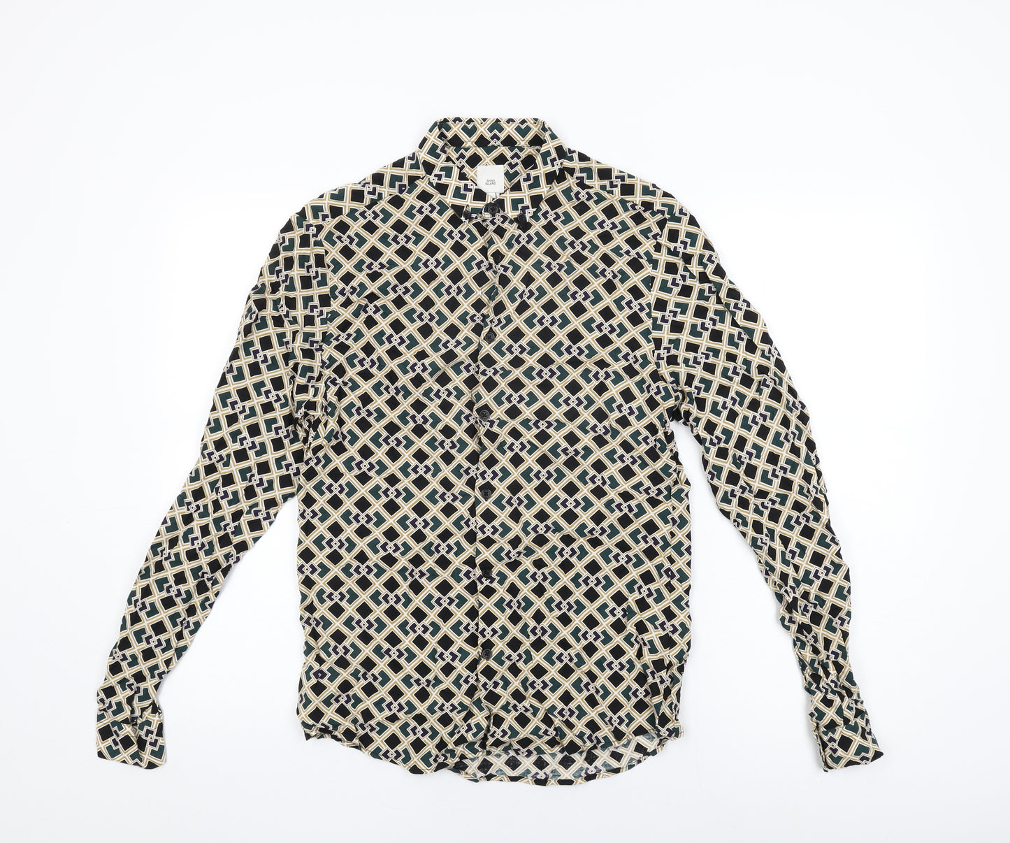 River Island Womens Green Geometric Viscose Basic Button-Up Size S Collared