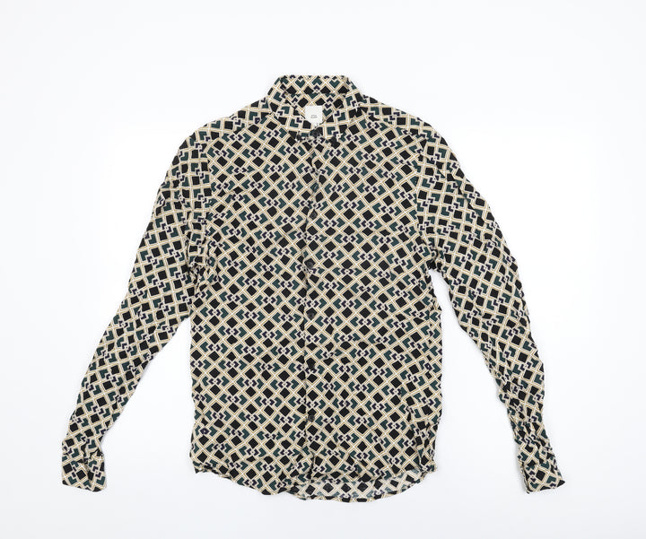 River Island Womens Green Geometric Viscose Basic Button-Up Size S Collared