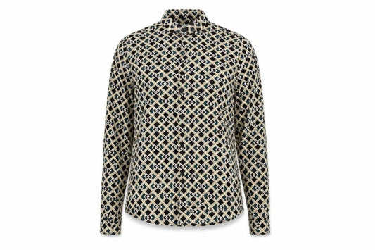 Front view of River Island women’s green geometric viscose basic button-up, size S, collared