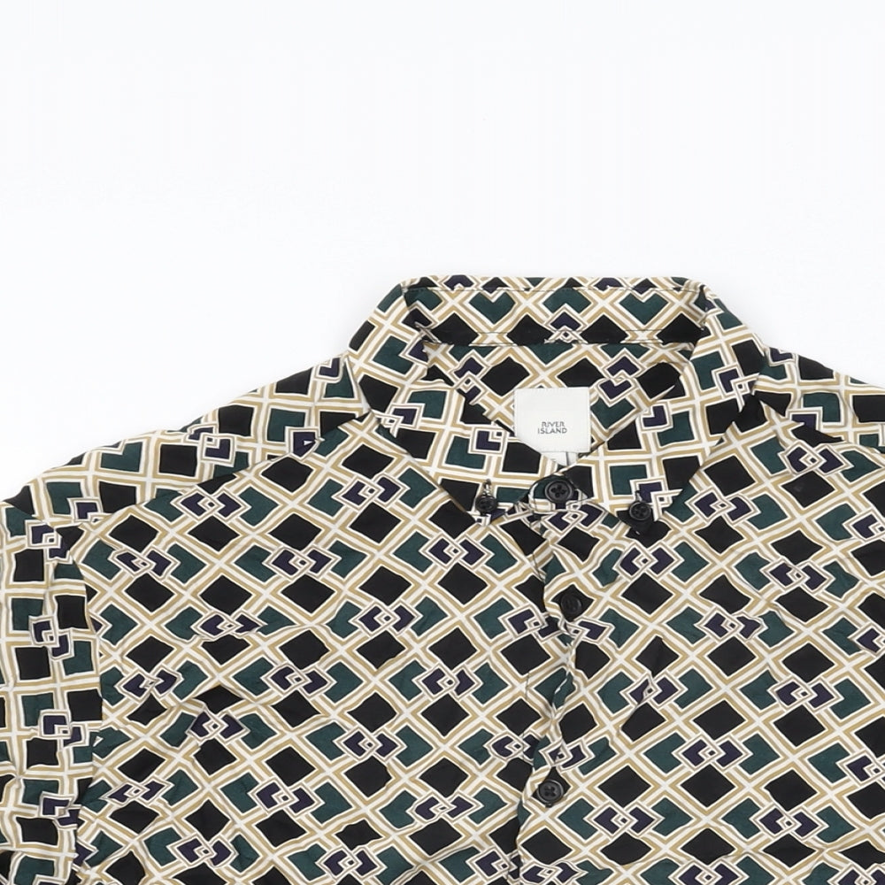 River Island Womens Green Geometric Viscose Basic Button-Up Size S Collared