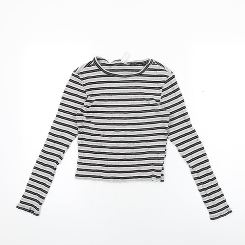 H&M Womens Grey Striped Cotton Cropped T-Shirt Size S Round Neck