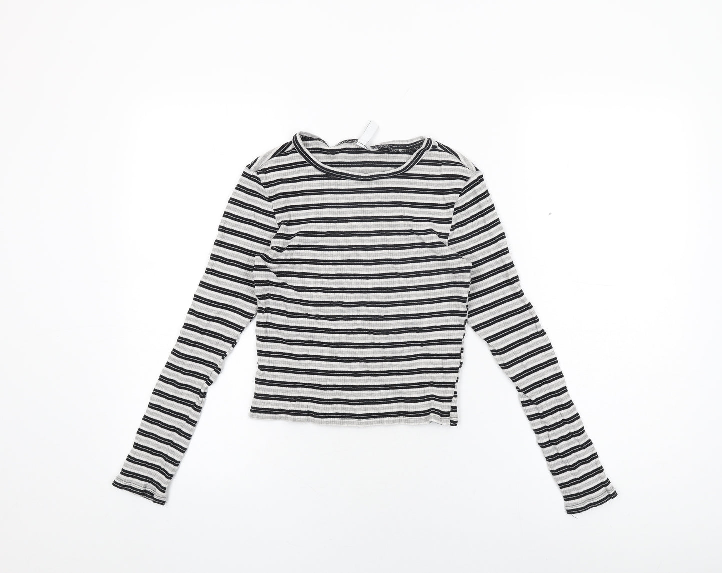 H&M Womens Grey Striped Cotton Cropped T-Shirt Size S Round Neck