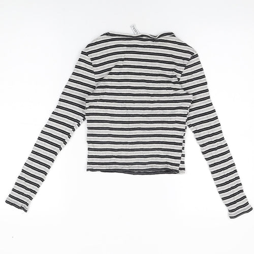 H&M Womens Grey Striped Cotton Cropped T-Shirt Size S Round Neck