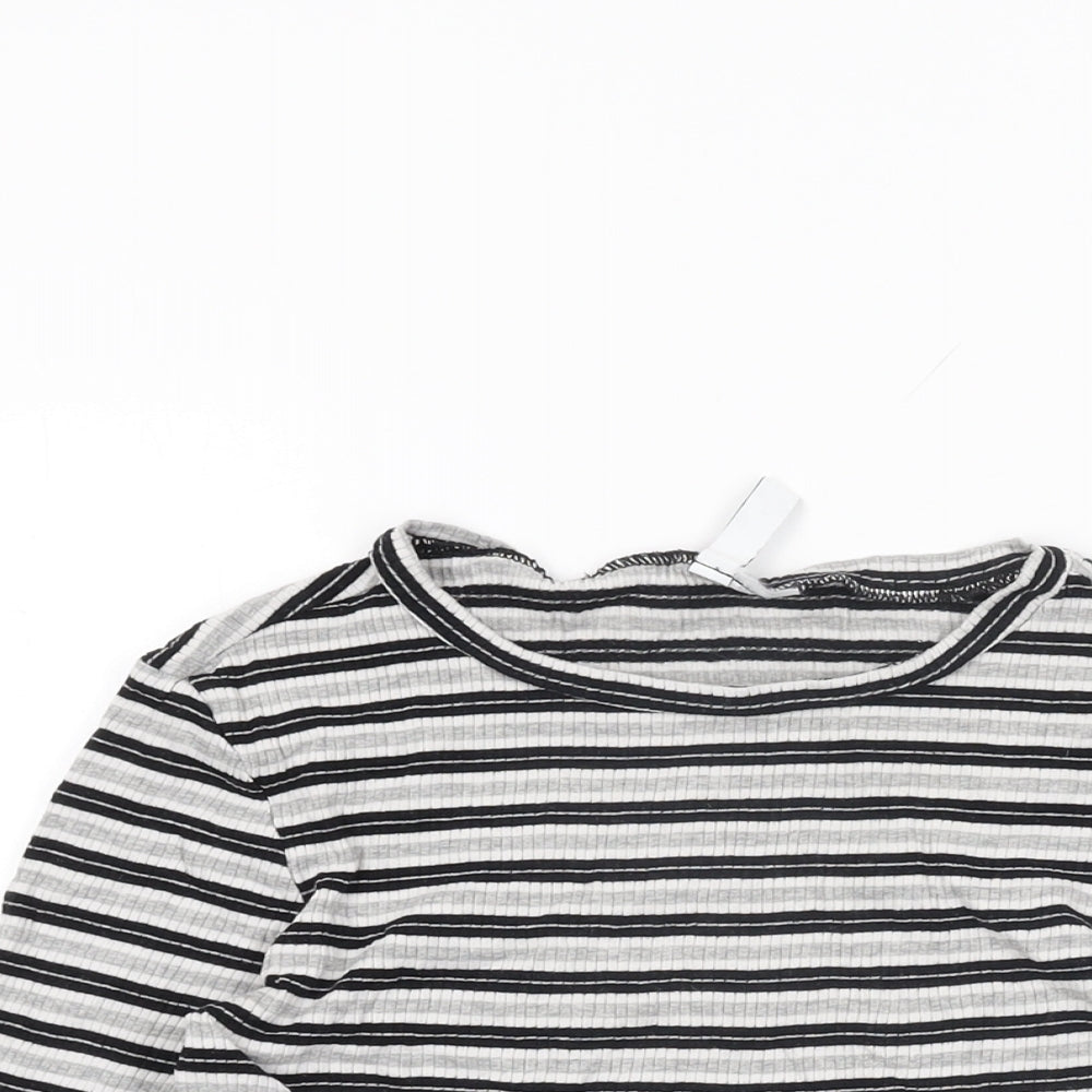 H&M Womens Grey Striped Cotton Cropped T-Shirt Size S Round Neck