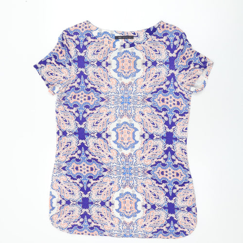 Marks and Spencer Womens Blue Geometric Viscose Basic T-Shirt Size 12 Round Neck