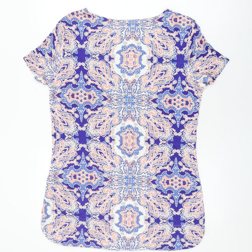 Marks and Spencer Womens Blue Geometric Viscose Basic T-Shirt Size 12 Round Neck