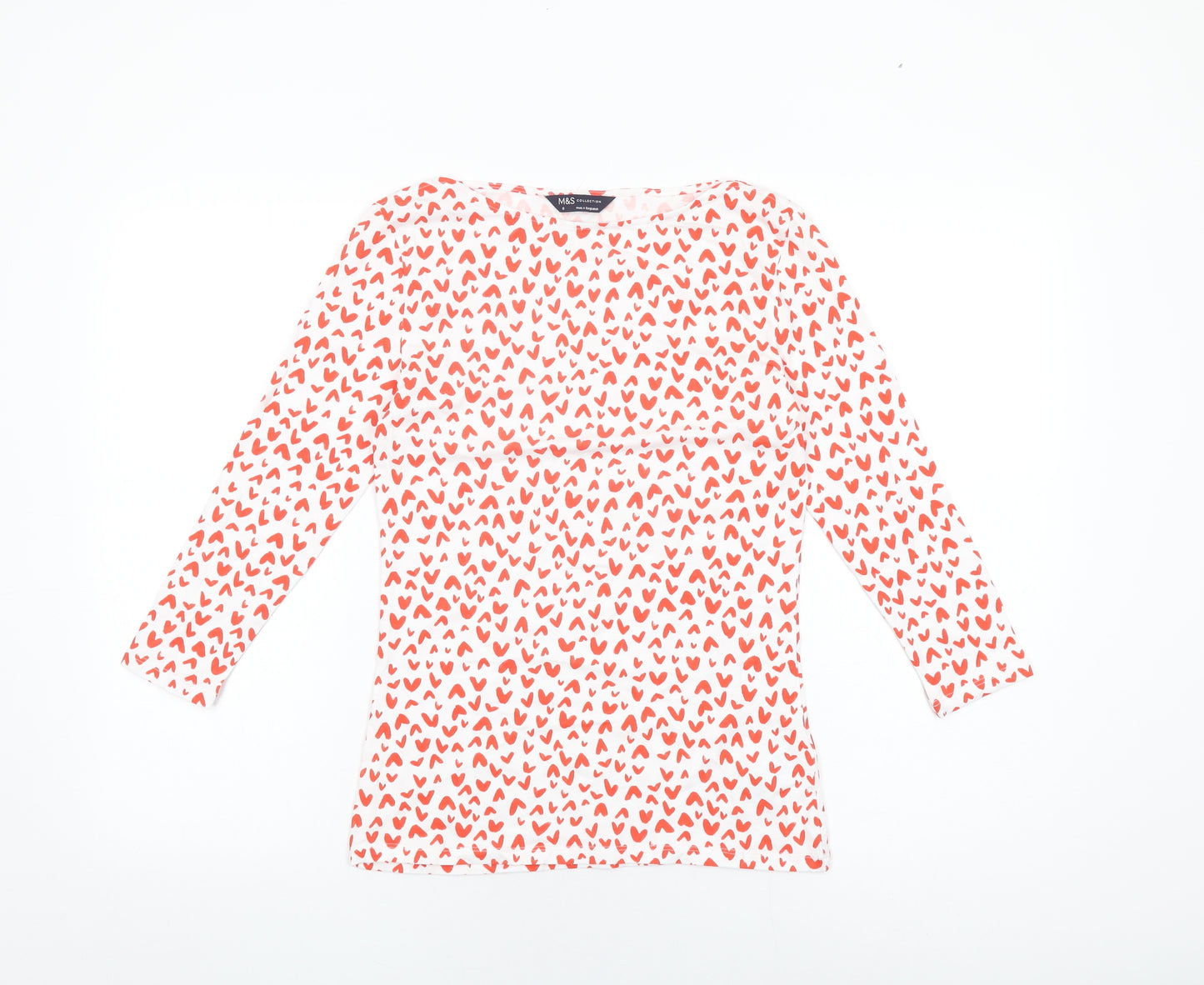 Marks and Spencer Womens White Geometric Cotton Basic T-Shirt Size 8 Boat Neck - Heart Print
