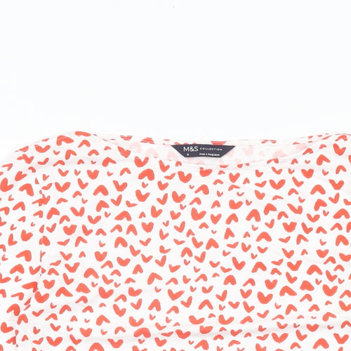 Marks and Spencer Womens White Geometric Cotton Basic T-Shirt Size 8 Boat Neck - Heart Print
