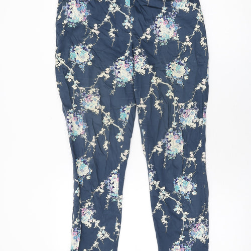 Oasis Womens Blue Floral Cotton Trousers Size 10 L27 in Regular Zip