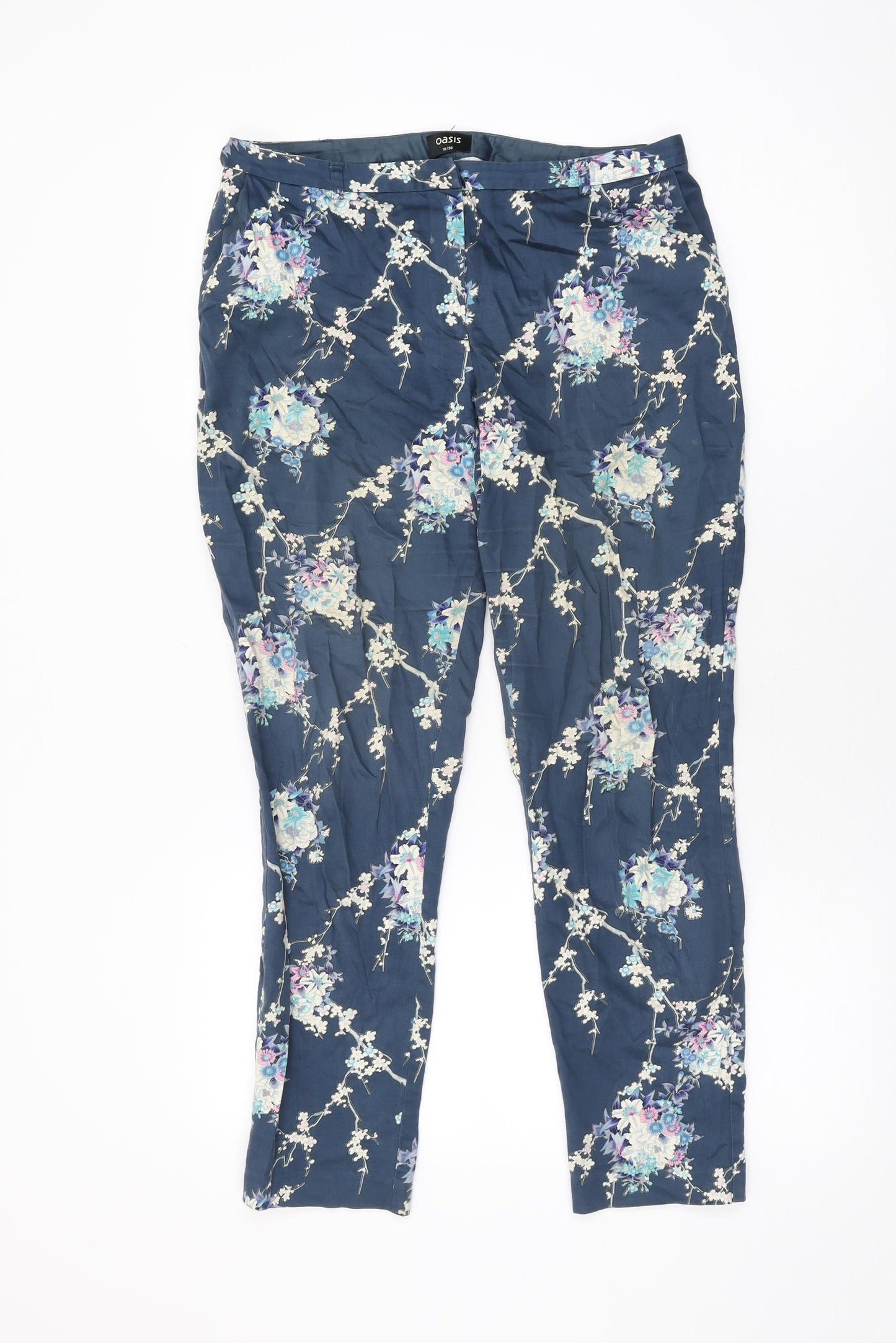 Oasis Womens Blue Floral Cotton Trousers Size 10 L27 in Regular Zip