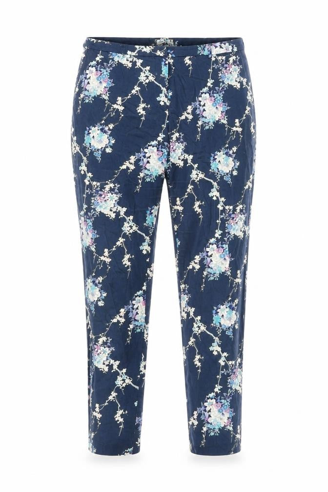 Oasis Womens Blue Floral Cotton Trousers Size 10 L27 in Regular Zip