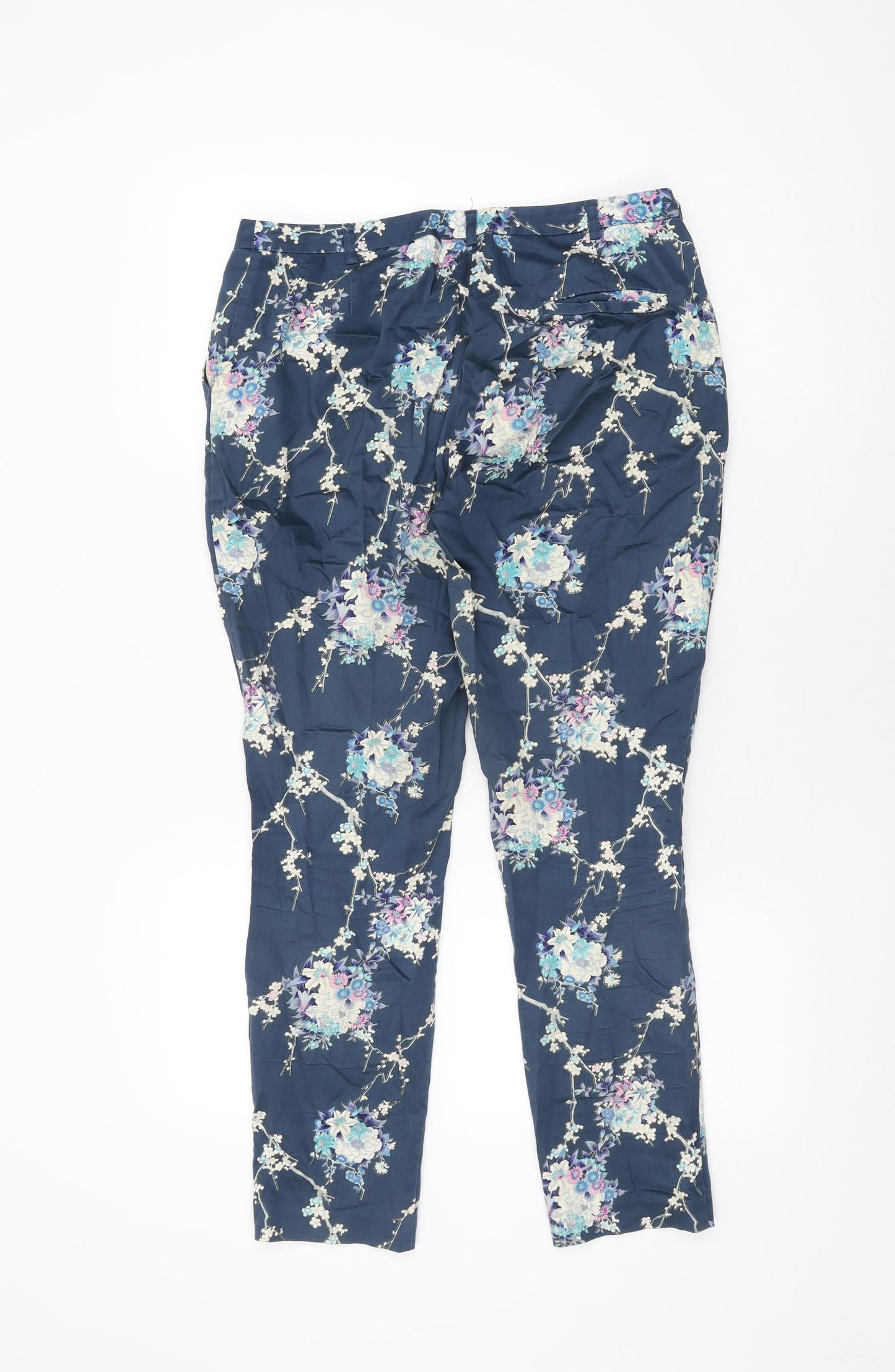 Oasis Womens Blue Floral Cotton Trousers Size 10 L27 in Regular Zip