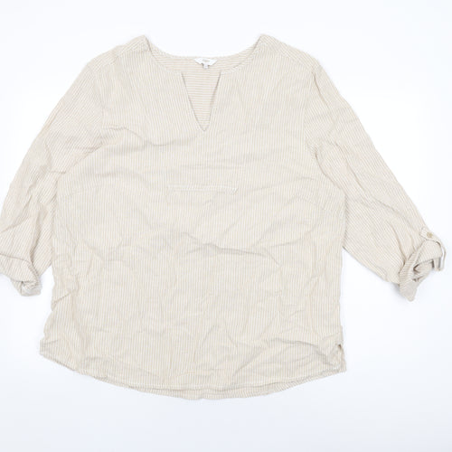 Cotton Traders Womens Beige Striped Linen Basic T-Shirt Size 18 V-Neck