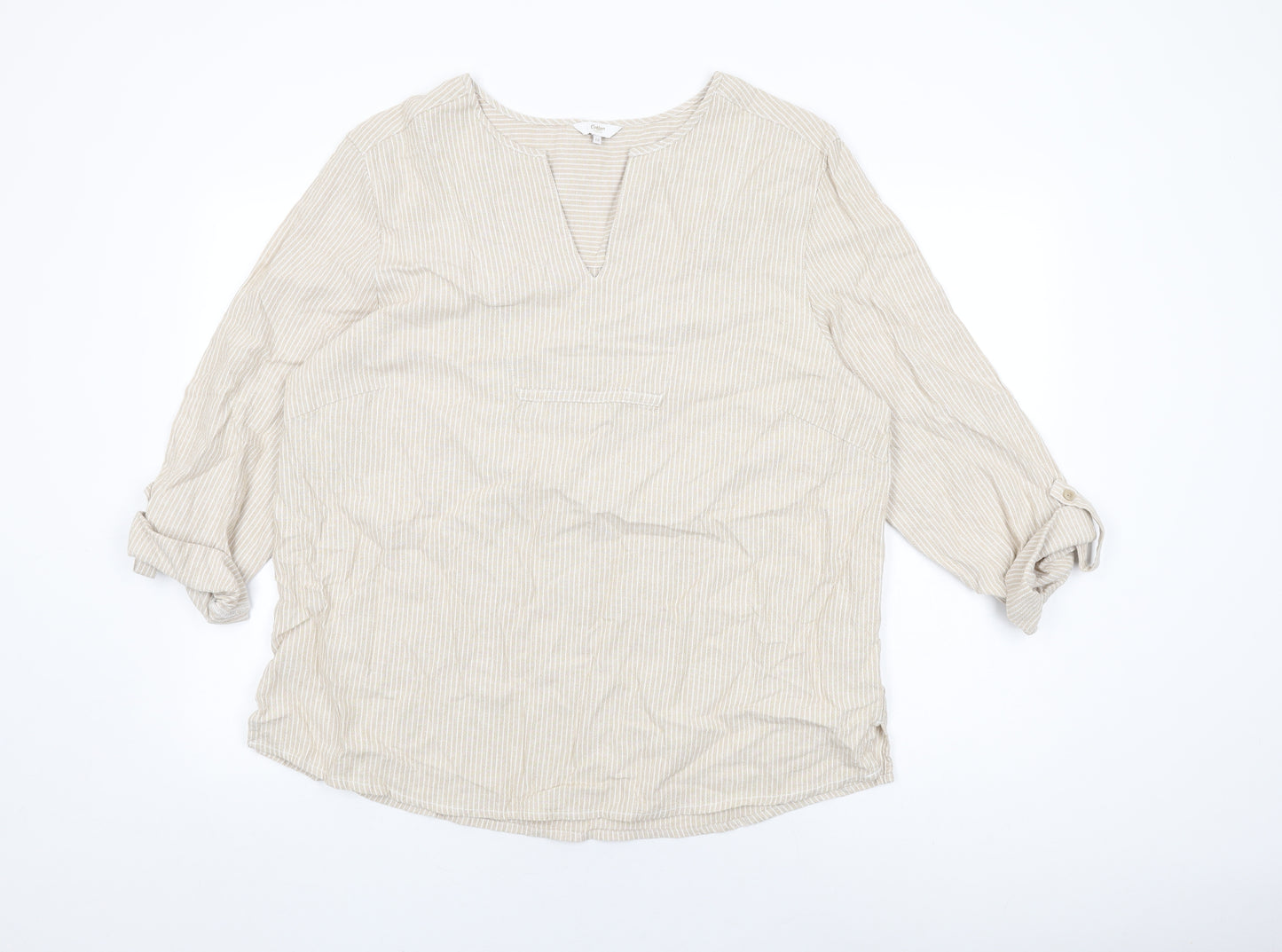 Cotton Traders Womens Beige Striped Linen Basic T-Shirt Size 18 V-Neck