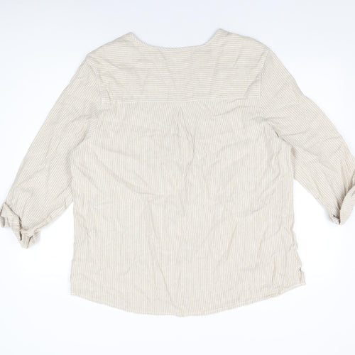 Cotton Traders Womens Beige Striped Linen Basic T-Shirt Size 18 V-Neck